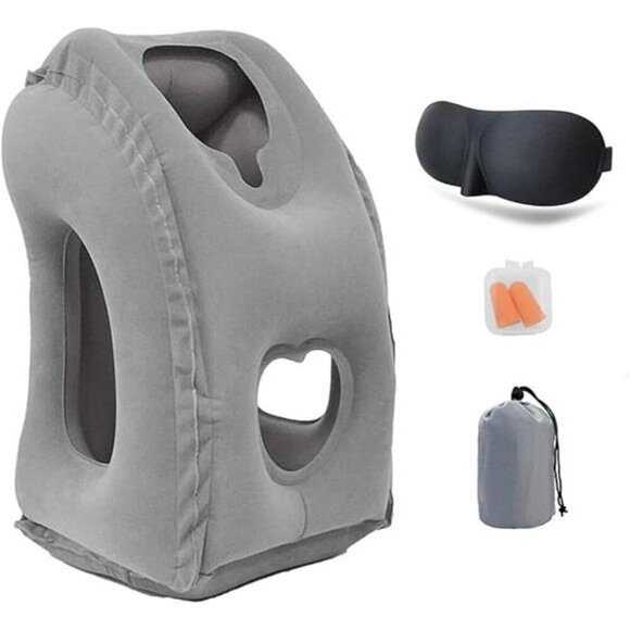 Inflatable Travel Neck Pillow Airplane Sleep Support with Eye Mask Earplugs - Picture 8 of 8